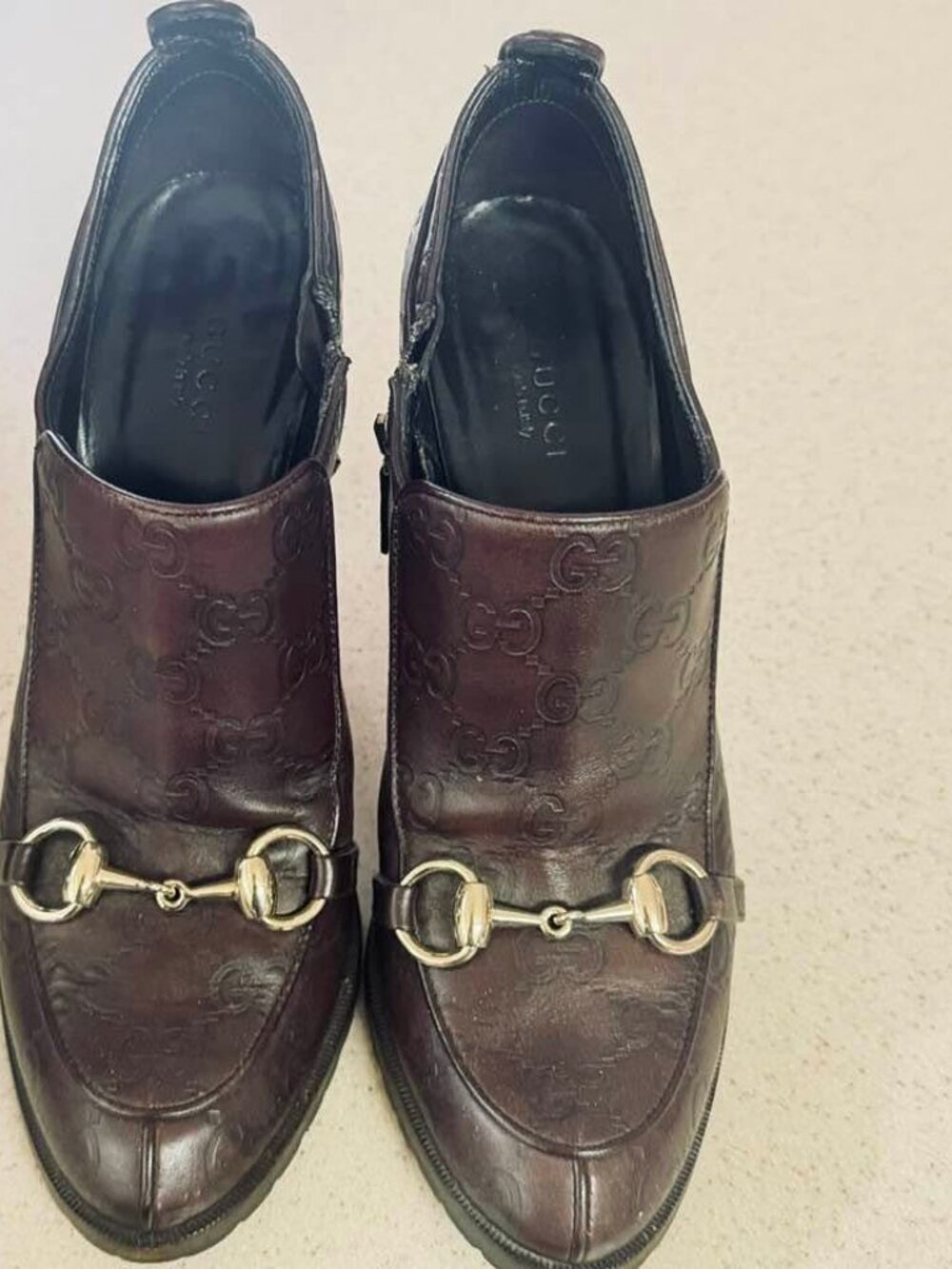 Auth. Iconic Horsebit Gucci ALL LEATHER GG Monogram High Heels Shoes Brown 37C